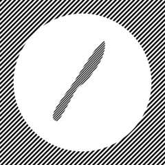 A large kitchen knife symbol in the center as a hatch of black lines on a white circle. Interlaced effect. Seamless pattern with striped black and white diagonal slanted lines