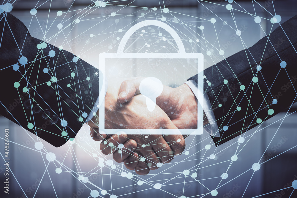 Poster double exposure of lock hologram and handshake of two men. partnership security concept.