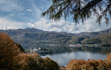 Beautiful scenery in northern Italy with view to Lago Orta (Lake Orta) and and Isola San Giulio (Island).