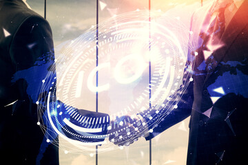 Double exposure of blockchain hologram and handshake of two men. Crypto business concept.