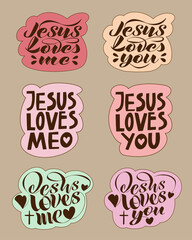 set of handwritten vector stickers with the words Jesus loves me and Jesus loves you