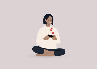 A young female Caucasian character using their social media, mobile phone app push notifications floating around