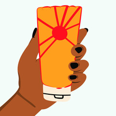Female hand holding a lotion tube. Sunscreen Moisturizer, Sunblock, skin protection and UV rays blocking concept. Hand drawn Vector illustration. Pre-made poster or print template