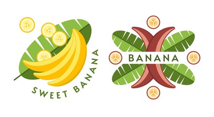 Set of logos, emblems, badges with yellow, red bananas, banana flowers, leaves, slices, bunch of bananas. Isolated vector illustration. Good for decoration of food package, creation of stickers. Flat