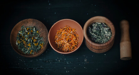 A mortar with a pestle and bowls with dry medicinal herbs on the table. Alternative medicine