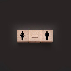 Concepts of gender equality. wooden cubes with female and male symbol and equal sign. Equal pay social quaranty concept - obrazy, fototapety, plakaty