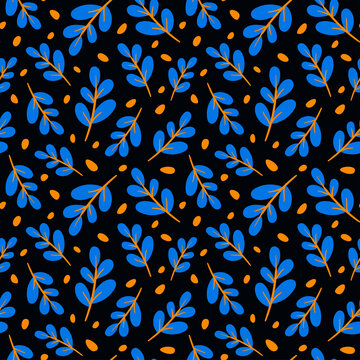 seamless pattern with branches with blue and orange leaves. cute vector cartoon black background.
