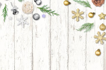 Christmas border with gift box, snowflakes and spruce branches