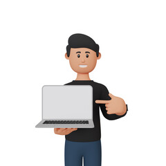 3d rendering man character pointing up laptop