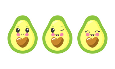 Funny avocado in cartoon style. Greeting card or poster for children's learning, printing on the pack, printing on clothes or utensils. Character with a face and a smile. Vector illustration.