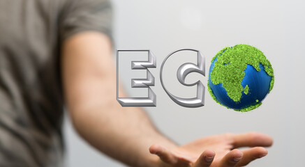 Eco word on the background of green leaves of carrots. plantation. Agriculture. harvest. Environmentally friendly, climate change