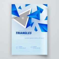 Flyer cover blue triangles 3d flying perspective design template vector, block for image
