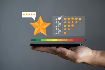 smartphone screen with gold five star rating feedback icon