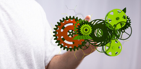 Mechanism green gears and cogs at work on black background. Industrial machinery. 3D illustration. 3D high quality rendering.