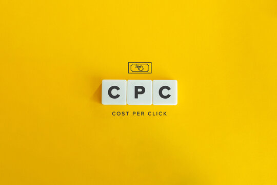 Cost Per Click (CPC) Banner and Icon. Block letters on bright orange background. Minimal aesthetics.