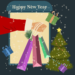 Santa Claus hand holding shopping bags paper with gift boxes on blue isolated background. Christmas tree on the background of a glowing window with gifts. Vector.
