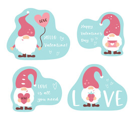 Valentine Gnomes stickers. Valentine's day sticker pack. Valentines decor with gnomes. Vector illustration.