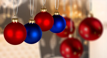 Christmas glass ball ornaments at a Christmas market. Holiday shopping.