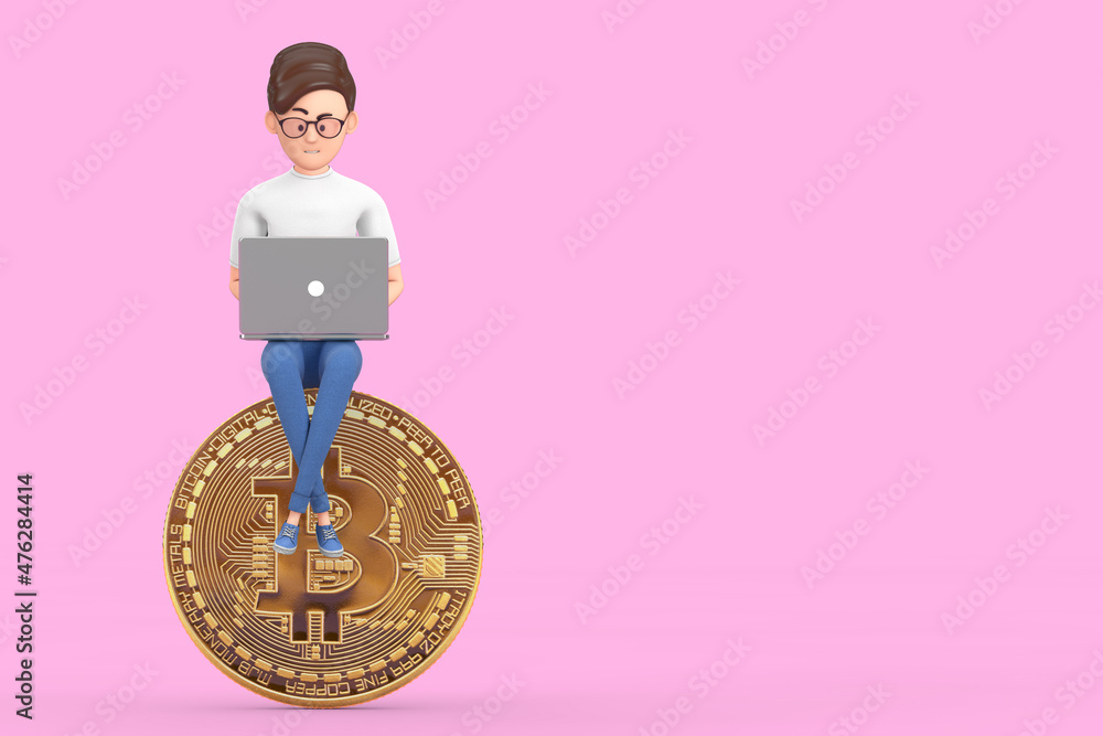 Aufkleber crypto finance concept. cartoon character person businessman with laptop working over digital and cr