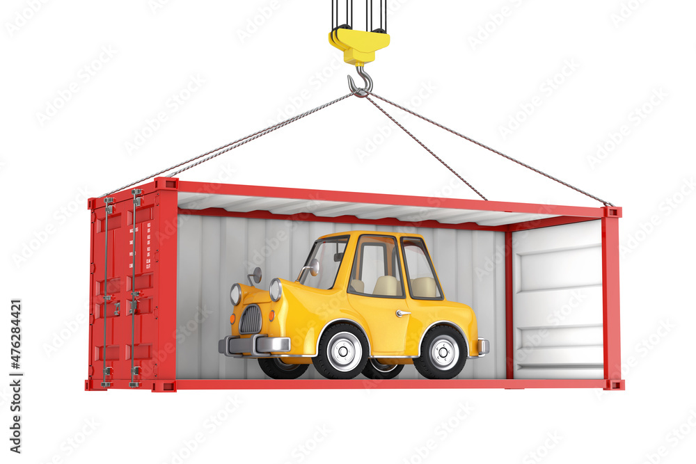 Poster yellow cartoon car in red shipping container with removed side wall transportation with crane hook. 