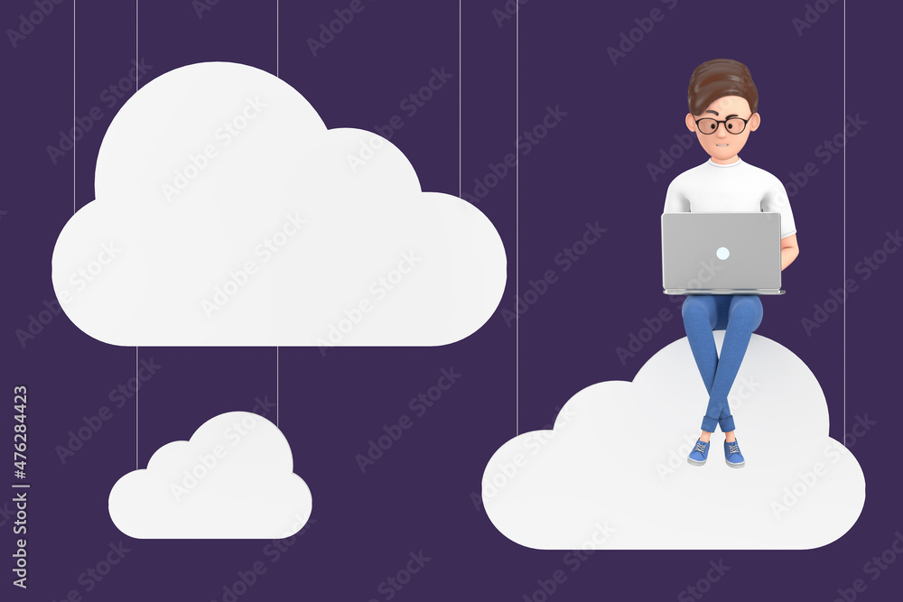 Aufkleber cartoon character person businessman with laptop working over clouds. 3d rendering