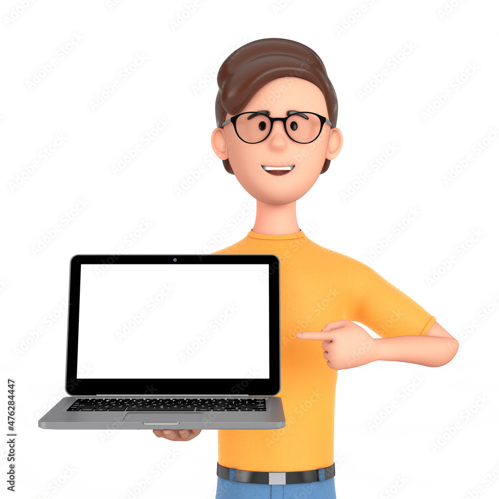 Poster cartoon character person man hold laptop with blank screen for your design. 3d rendering