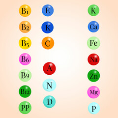 set multicolored vitamin and mineral icons isolated on a light background. Vector illustration