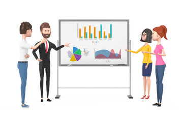 Business Team Cartoon Characters Meeting and Talking in front of Office Whiteboard with Charts and Diagrams. 3d Rendering