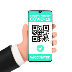 Cartoon Hand Holding Mark Vaccinated Health Immune Passport, Certificate of Vaccination App on Mobile Phone Screen with Abstract QR Code and Pass Check. 3d Rendering