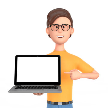 Cartoon Character Person Man Hold Laptop with Blank Screen for Your Design. 3d Rendering