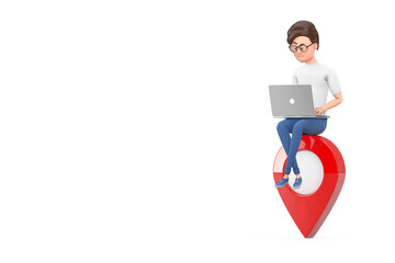 Cartoon Character Person Businessman with Laptop working over Map Pointer Pin. 3d Rendering