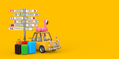 Car Travel Concept. Suitcases, Cartoon Car with Rubber Flamingo and Direction Signpost with Various Countries Names and Flags. 3d Rendering