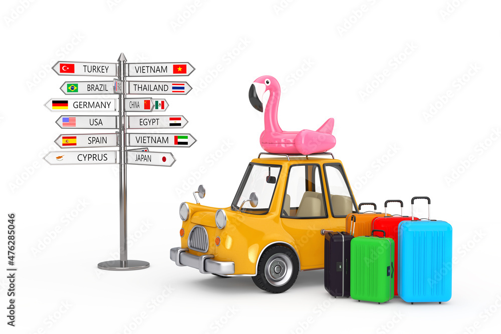 Poster car travel concept. suitcases, cartoon car with rubber flamingo and direction signpost with various 