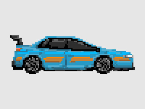 Illustration of blue street race car in pixel art style