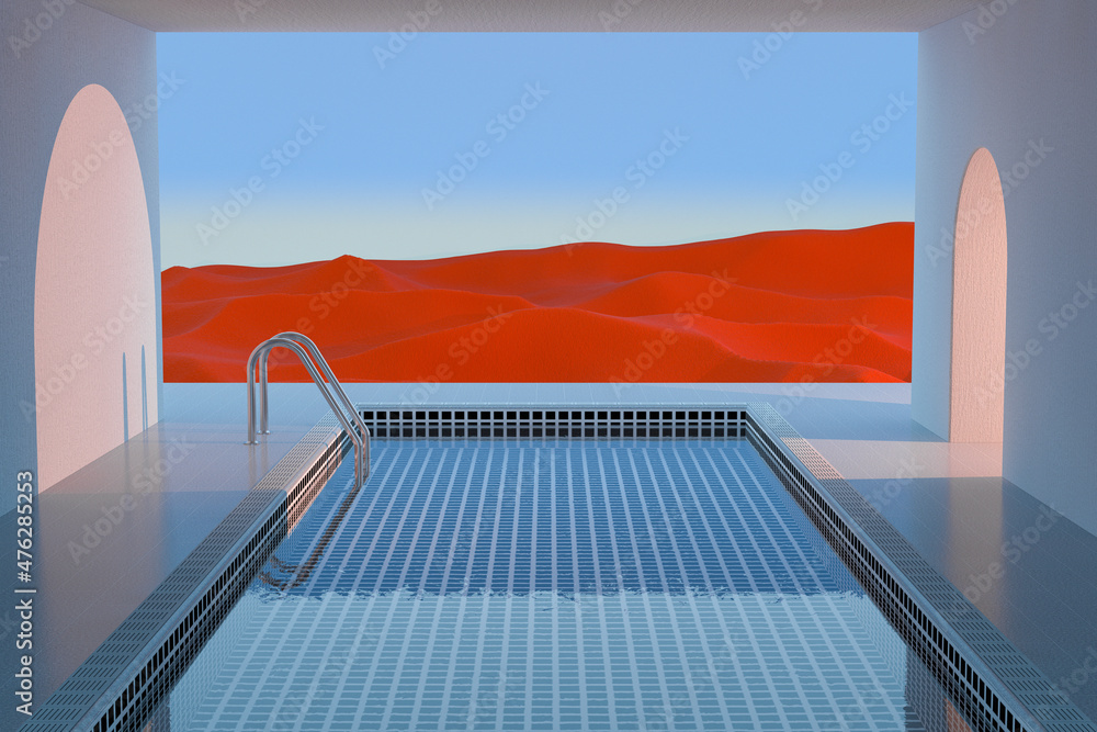 Poster Minimalistic Empty White Room with a Water Swimming Pool and an Abstract Surreal Red Desert Environment. 3d Rendering