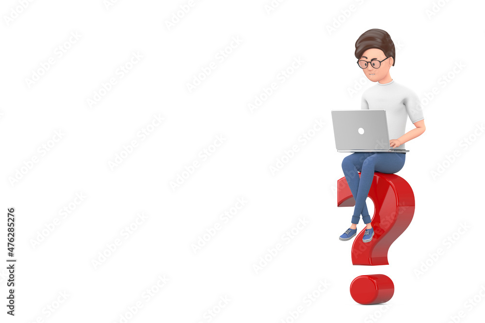 Poster cartoon character person businessman with laptop working over red question mark. 3d rendering