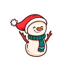 Merry Christmas Snowman in a hat and scarf.Doodle style.Vector illustration