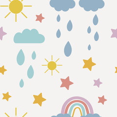 seamless pattern childrens doodle drawing of weather, solar rain. cute drawing drops, cloud, sun, rainbow, stars, sun. childrens cartoon background for textile, wallpaper