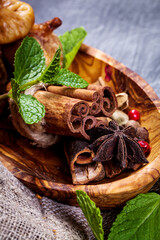 Homemade jam from figs, cocoa and spices - cinnamon, cardamom, tubby. Candy set. Sweet life.