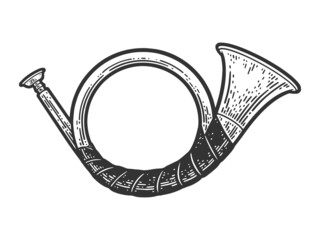 Blowing hunting horn sketch engraving raster illustration. T-shirt apparel print design. Scratch board imitation. Black and white hand drawn image. © Oleksandr Pokusai
