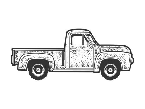 Vintage farm truck car sketch engraving raster illustration. T-shirt apparel print design. Scratch board imitation. Black and white hand drawn image.