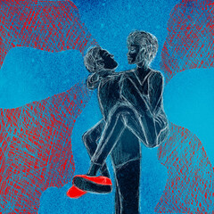 Ilustracja para mężczyzna trzymający kobietę na rękach w miłosnym ucisku na niebiesko czerwonym abstrakcyjnym tle