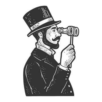 recommend clip art: Gentleman with opera glasses binoculars sketch engraving raster illustration. T-shirt apparel print design. Scratch board imitation. Black and white hand drawn image.