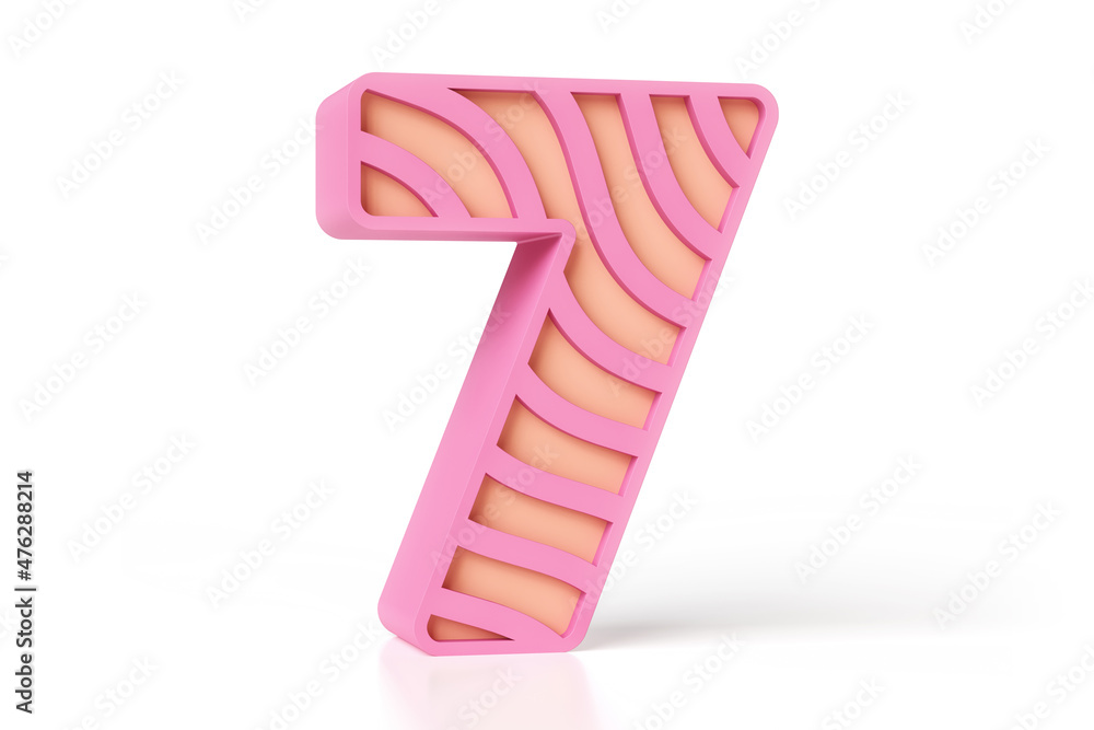 Poster 3d geometric number 7 made of pink and peach color matte painted plastic with wavy shapes. high defi
