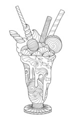 Hand drawn doodle milkshake ice-cream dessert. Coloring book page for adults. Zentangle style
