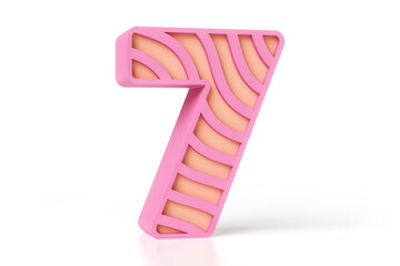 3D geometric number 7 made of pink and peach color matte painted plastic with wavy shapes. High definition 3D rendering.