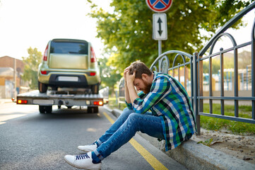 Unhappy man and incorrect parked car evacuation