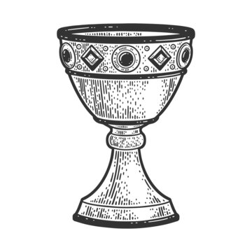 precious antique goblet sketch engraving raster illustration. T-shirt apparel print design. Scratch board imitation. Black and white hand drawn image.