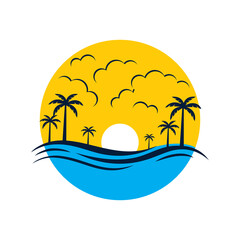 colorful sunset background with coconut trees and sea