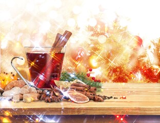 Christmas or New Year hot winter drink, spicy grog cocktail, punch or mulled wine with tea,